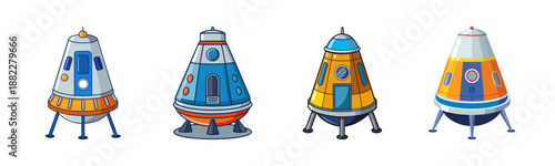 Cartoon space capsules set, diverse retro-futuristic designs, spaceship.