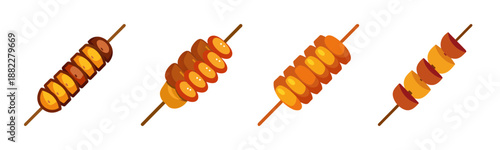Various fried and grilled snack skewers vector illustration set on white