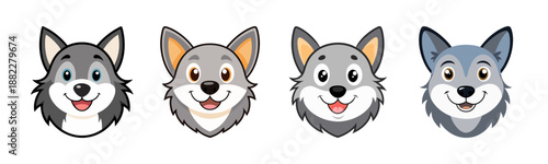 Set of cute cartoon wolf heads smiling. adorable vector animal faces.