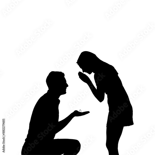 Black silhouette of a man proposing to a woman on one knee for engagement marriage or romantic valentine's day design