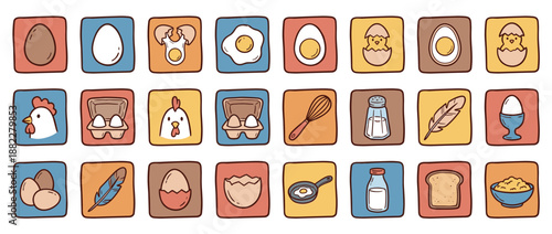 Charming collection of hand-drawn egg and chicken icons showing various breakfast foods and cooking elements in a cute, colorful cartoon doodle illustration style