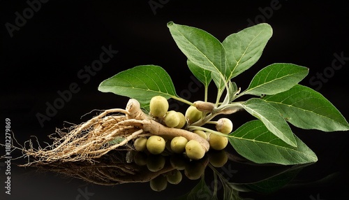 fresh ashwagandha plant with roots leaves and berries on black background herb medicinal isolated on white background cut out
