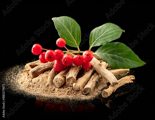 ashwagandha roots with red berries and green leaves on black background dried plant isolated on white background cut out