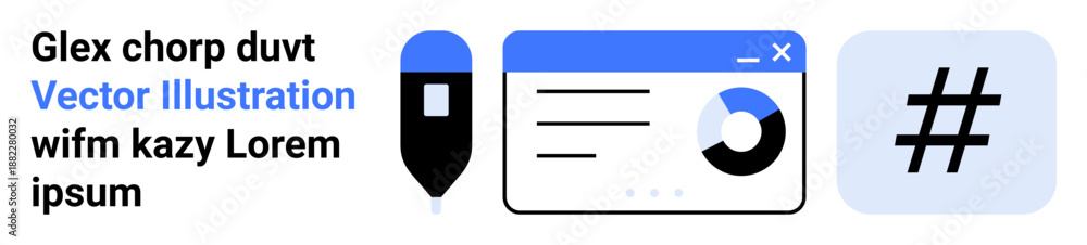 Fototapeta premium Pen, browser window displaying analytics chart, and metadata tag icon. Ideal for data-driven projects, social networks, content marketing, creativity, analytics, research and simple landing page