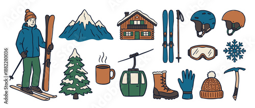 Hand-drawn collection of ski resort icons including a skier, mountain cabin, gondola lift, and winter sports equipment in a charming, colorful doodle illustration style