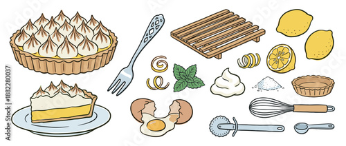 Collection of lemon meringue pie ingredients and baking utensils in a hand-drawn illustrative style showing the process of making a delicious homemade dessert with fresh fruit