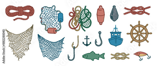 Collection of hand-drawn nautical fishing icons including a boat, anchor, rope knots, fishing net, fish, lure, and a ship's wheel in a vintage doodle style