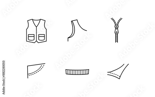 Minimal line-art apparel construction icons showing vest, armhole, zipper and seam details