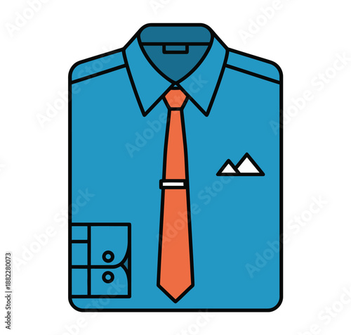 A cartoon illustration of a blue dress shirt with an orange tie and pocket square on a white background