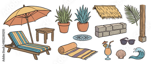 Colorful hand-drawn set of summer beach and poolside vacation elements including a sun lounger, umbrella, cocktail, and tropical plants in a charming cartoon doodle style