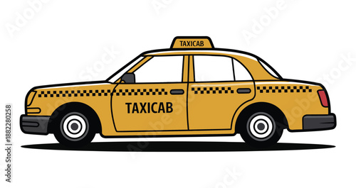 A yellow taxicab with a checkered stripe and black lettering on a white background