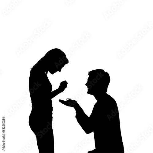 Black silhouette of a man proposing to a woman on one knee for engagement marriage or romantic valentine's day design