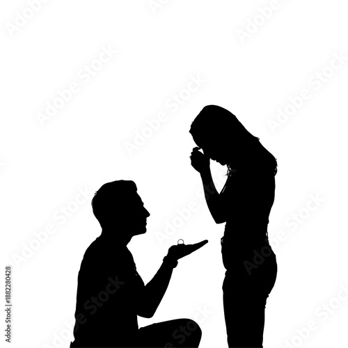 Black silhouette of a man proposing to a woman on one knee for engagement marriage or romantic valentine's day design