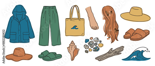Collection of hand-drawn beach vacation items including a raincoat, trousers, tote bag, sandals, and sun hats for a coastal lifestyle concept, illustrated in a simple doodle style