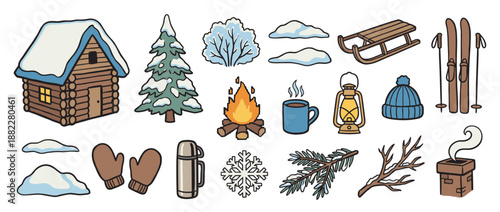 Collection of hand-drawn winter holiday icons featuring a log cabin, pine tree, campfire, and sled for a cozy seasonal theme, presented in a charming doodle vector style