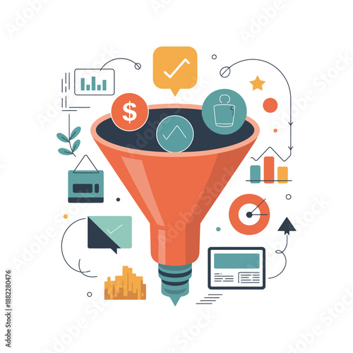 A colorful illustration of a funnel with various business and finance icons surrounding it, representing marketing and sales concepts.