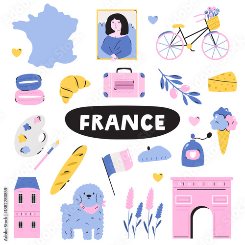 France Colorful Design with Landmarks, Culture, food and Cute Symbols. Flat Vector Travel Design.