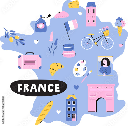 France Illustrated Map with Landmarks, Culture and Cute Symbols. Flat Vector Travel Design
