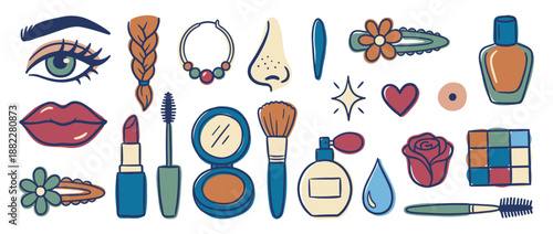 Charming collection of hand-drawn beauty icons featuring makeup, cosmetics, and accessories like lipstick, perfume, and hair clips in a cute, retro doodle style