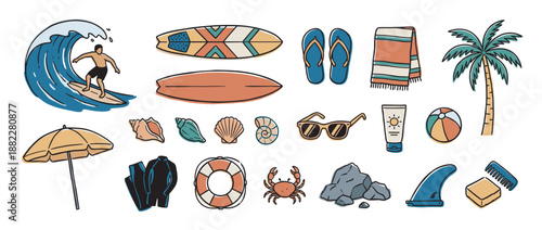 Colorful set of summer beach icons including a surfer, surfboard, palm tree, sunglasses, and other vacation essentials in a fun, hand-drawn doodle style illustration