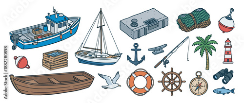 Collection of hand-drawn nautical and fishing illustrations featuring a boat, sailboat, anchor, lighthouse, compass, and other marine elements in a colorful cartoon style