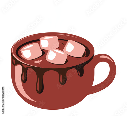 A cartoon illustration of a brown mug filled with hot chocolate and marshmallows on a white background