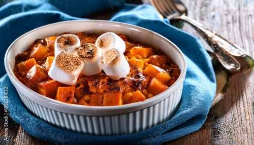Sweet Potato Casserole With Toasted Golden Mini Marshmallows Classic American Thanksgiving Holiday Food Side Dish Or Dessert