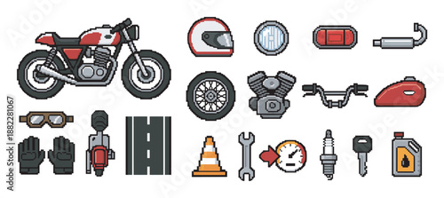 Pixel art motorcycle and parts icon set featuring a classic red bike, helmet, engine, wheel, and various accessories for a retro video game theme or graphic design element