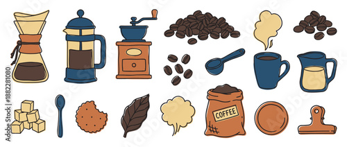 Set of hand-drawn coffee brewing items including a pour-over maker, french press, grinder, beans, mug, and sugar cubes in a charming doodle illustration style