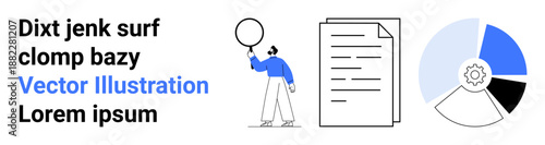 Person holding a balloon, standing near a document and segmented pie chart with a gear center. Ideal for presentations, workflow, business strategy, team planning, statistics, analytics, simple