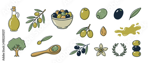 Collection of hand-drawn olive illustrations featuring a bottle of oil, a tree, branches, a bowl, a wreath, and a flower, all rendered in a rustic doodle style with natural colors