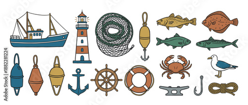 Collection of hand-drawn nautical illustrations featuring a fishing boat, lighthouse, anchor, fish, crab, and other marine elements in a charming, colorful doodle style