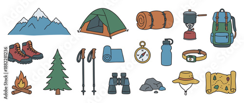 Collection of colorful hand-drawn camping and hiking equipment icons including a tent, backpack, boots, and compass for outdoor adventure and travel concepts in a doodle style