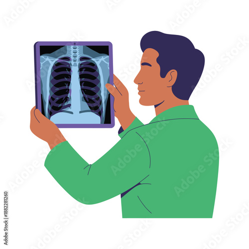 A doctor examining a chest X-ray image on a tablet screen with a concerned expression.