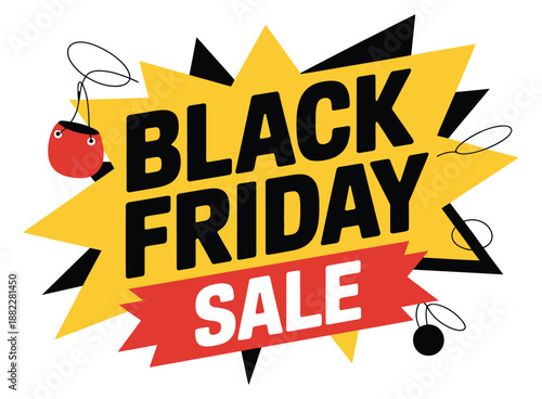 A colorful Black Friday sale sign with a cartoonish design and bold text on a white background