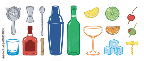 Colorful collection of cocktail making tools and ingredients including a shaker, jigger, strainer, bottles, and fruit garnishes in a simple hand-drawn cartoon style