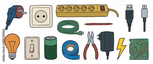 Collection of hand-drawn electrical equipment and electronic components including a plug, socket, battery, lightbulb, and circuit board in a colorful doodle illustration style