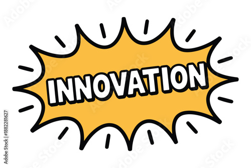 A cartoon style illustration of the word innovation in a comic book style speech bubble.