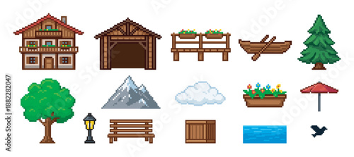 Pixel art collection of rustic village icons featuring a chalet house, mountain, trees, boat, and other nature elements for a retro video game asset pack