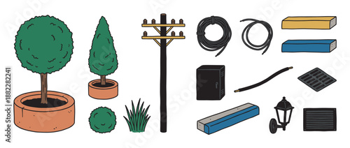 Collection of hand-drawn urban and suburban elements including a utility pole, topiary trees, electrical cables, and street furniture in a simple cartoon illustration style