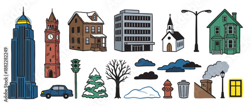 Collection of hand-drawn city life illustrations featuring buildings, cars, trees, and street elements in a charming cartoon doodle style for various design projects