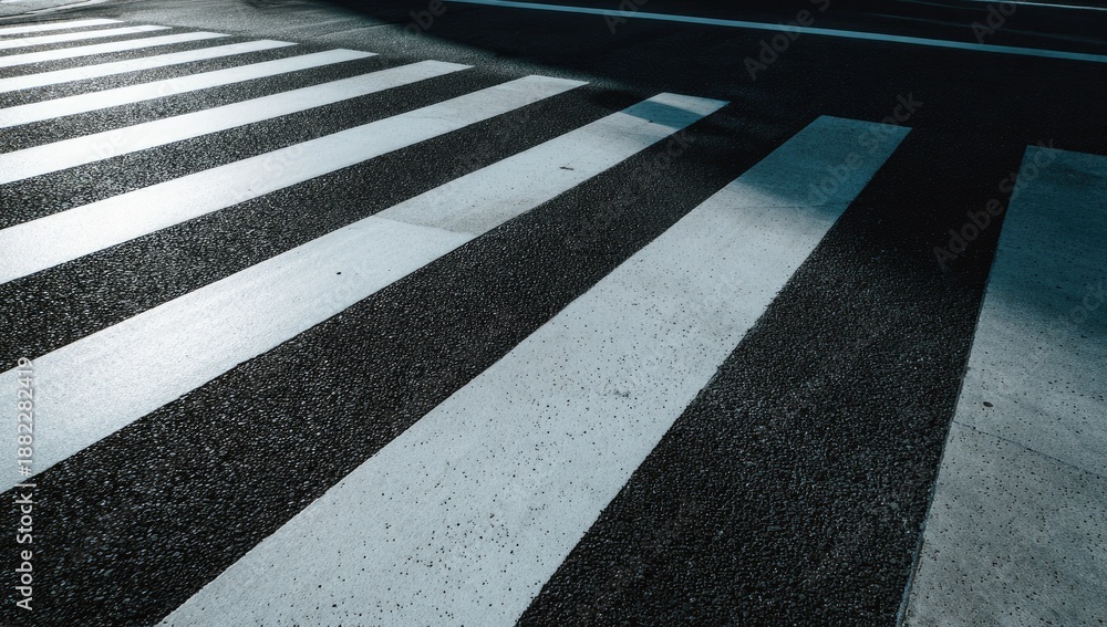 Fototapeta premium A close-up view of a pedestrian crossing with stark white stripes on dark asphalt