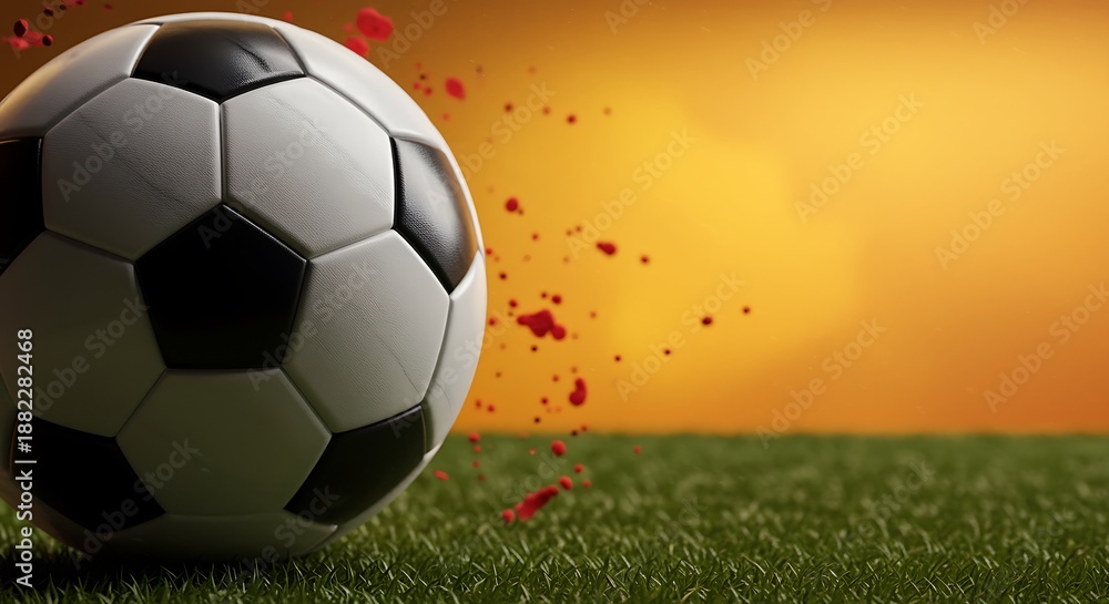 Fototapeta premium Soccer Ball on Grass Field with Sunset