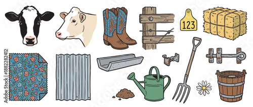 Collection of hand-drawn farm life illustrations featuring cows, cowboy boots, a hay bale, and various rustic agricultural tools and objects in a charming cartoon style
