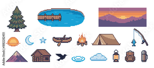 Collection of pixel art camping icons featuring a tent, campfire, lake, and mountains in a retro 8-bit video game style for adventure and outdoor themes