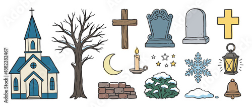 Set of cute winter cemetery icons including a church, tombstones, crosses, a snow-covered tree, a lantern, and a candle in a hand-drawn cartoon illustration style