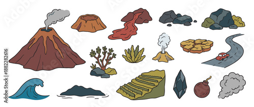 Colorful collection of hand-drawn doodle illustrations featuring natural disaster and geology elements like an erupting volcano, lava flow, rocks, ocean wave, and a geyser