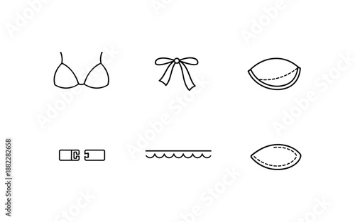 Set of simple line art icons representing swimwear elements and accessories