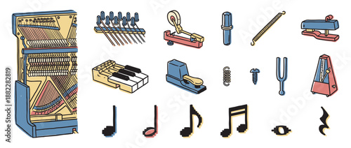 Colorful set of hand-drawn piano illustrations shows the instrument's internal mechanism, keys, pedals, tuning fork, metronome, and musical notes in a retro line art style