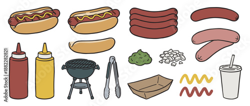 Hand-drawn illustration set of hot dog barbecue elements including sausages, buns, grill, condiments, and toppings in a simple, flat cartoon style for a summer cookout theme